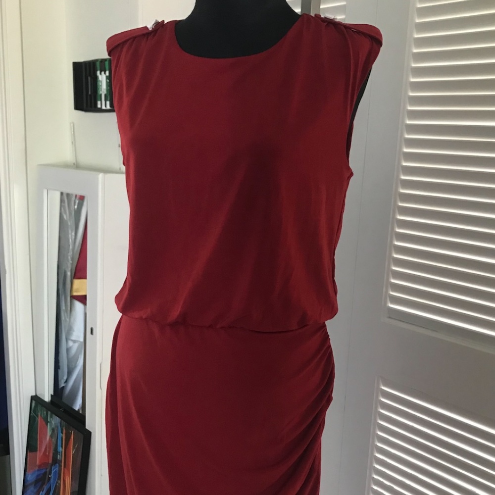 Wine Red Shift Blouson Dress with Side Draping on Hips | Banana Republic